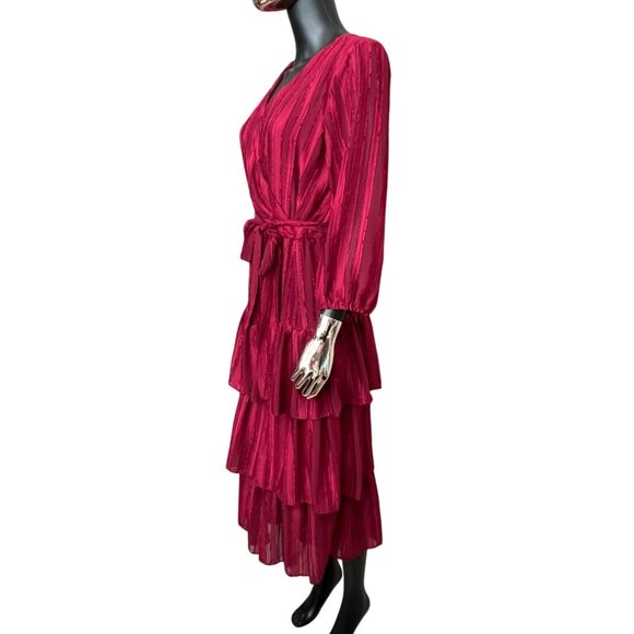 Melonie T Red Tiered Ruffle Midi Dress Size 10 Long Sleeve V-Neck Holiday Party - Picture 6 of 9